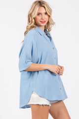 Light Blue Linen Dolman Half Sleeve Button Down Top