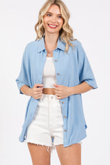 Light Blue Linen Dolman Half Sleeve Button Down Top