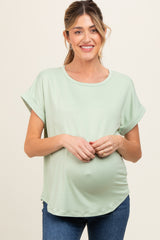 Light Olive Rolled Cuff Maternity Short Sleeve Top