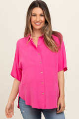 Fuchsia Linen Dolman Half Sleeve Button Down Maternity Top