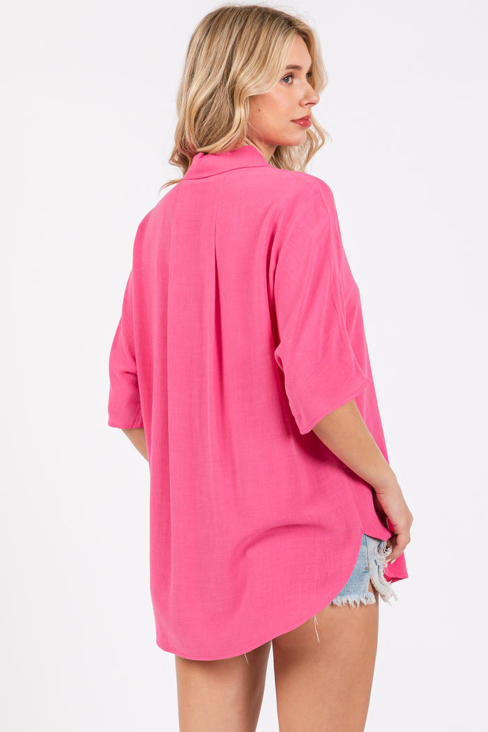 Fuchsia Linen Dolman Half Sleeve Button Down Top