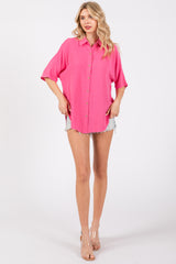 Fuchsia Linen Dolman Half Sleeve Button Down Top