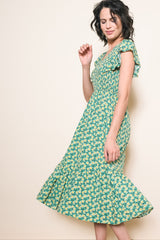 Green Floral Smocked Midi Dress