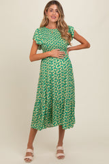 Green Floral Smocked Maternity Midi Dress