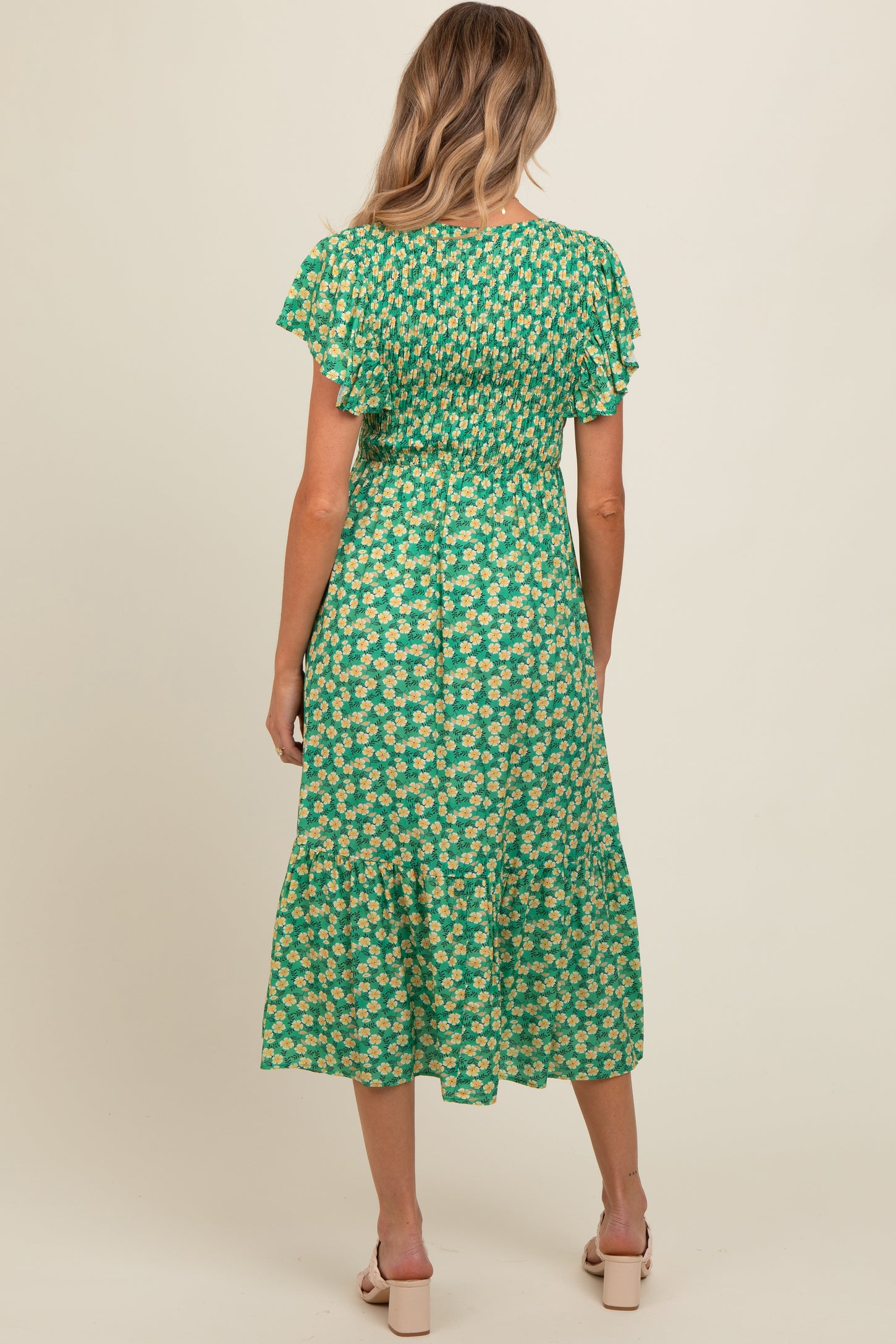 Green Floral Smocked Maternity Midi Dress