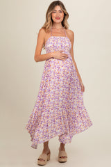 Lavender Floral Smocked Halter Flowy Maternity Maxi Dress