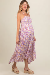 Lavender Floral Smocked Halter Flowy Maternity Maxi Dress