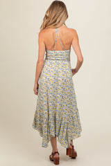 Teal Floral Smocked Halter Flowy Maternity Maxi Dress