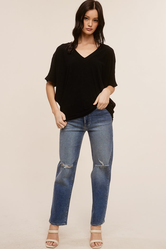Black V-Neck Crepe Knit Top