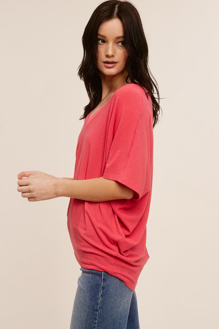 Coral V-Neck Crepe Knit Top