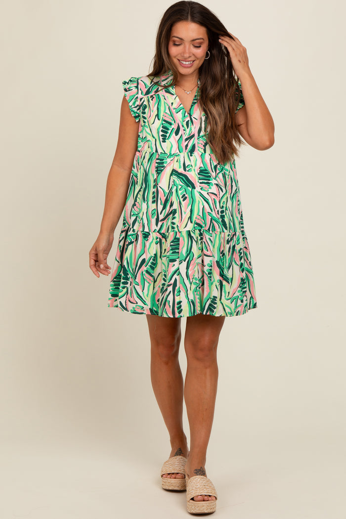 Green Printed Ruffle Sleeve Maternity Dress