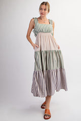 Green Colorblock Striped Tiered Midi Dress