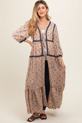 Beige Printed Tie Front Kimono Maternity Dress