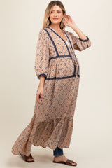 Beige Printed Tie Front Kimono Maternity Dress