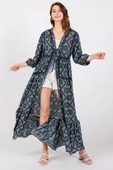 Teal Printed Tie Front Kimono Dress