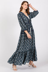 Teal Printed Tie Front Kimono Dress