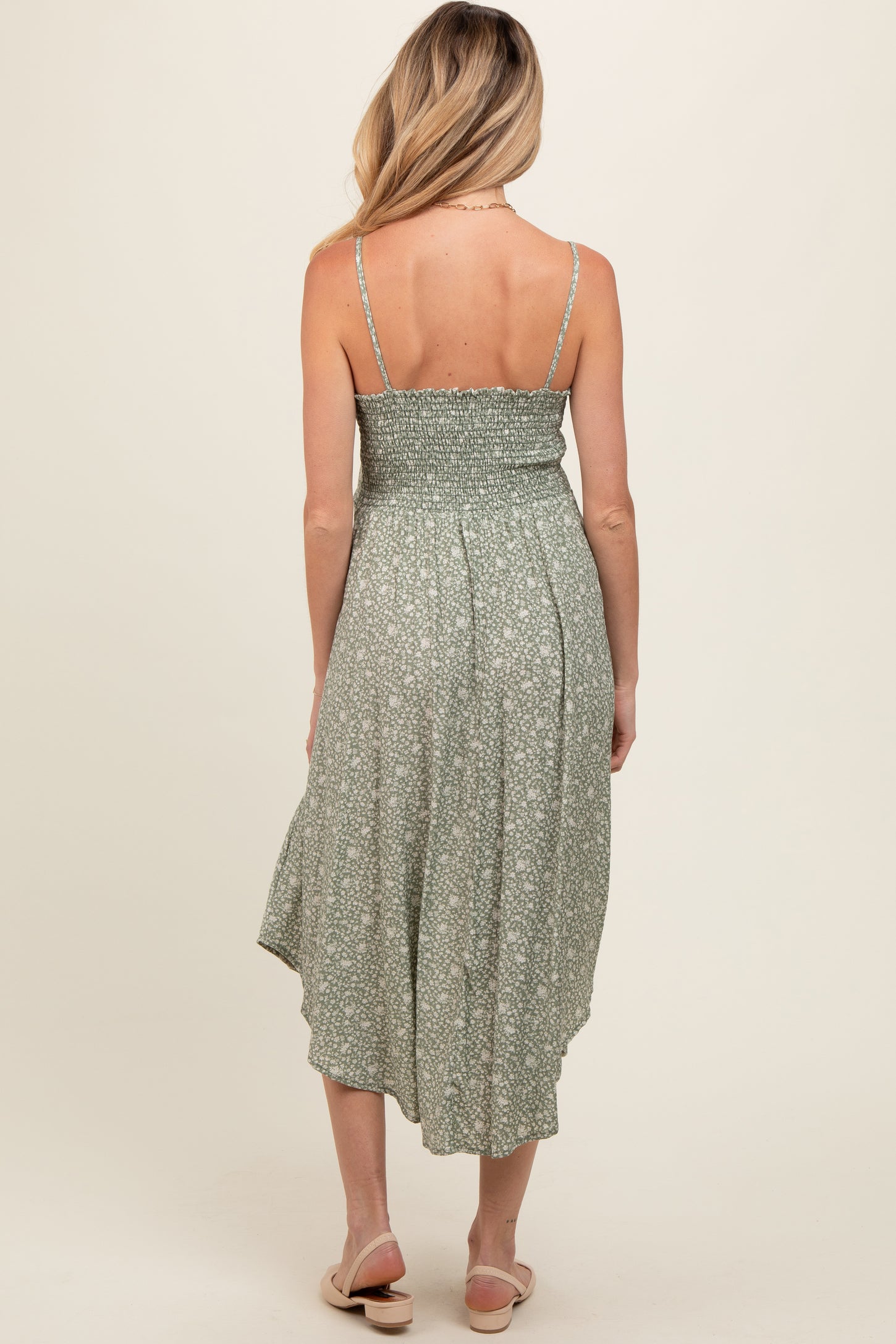 Light Olive Cinched Tie Front Maternity Midi Dress