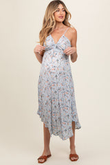 Light Blue Floral Cinched Tie Bust Maternity Midi Dress