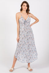 Light Blue Floral Cinched Tie Bust Midi Dress