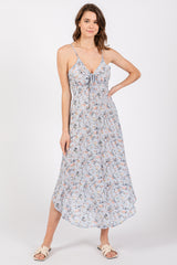 Light Blue Floral Cinched Tie Bust Maternity Midi Dress
