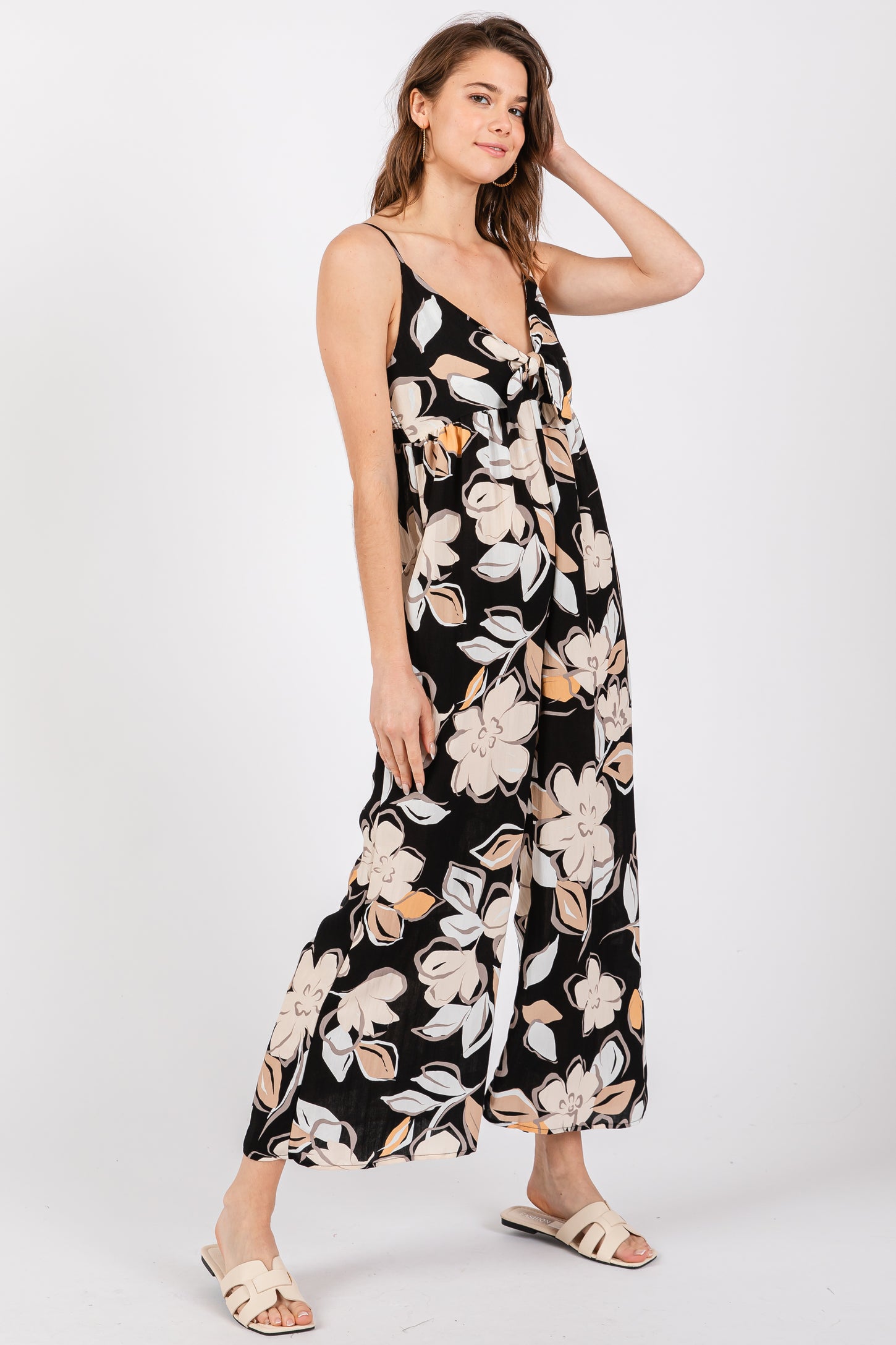Black Floral Tie Front Jumpsuit