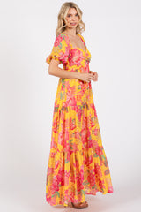 Yellow Floral Sweetheart Neck Tiered Maxi Dress