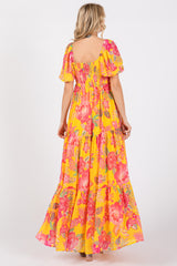 Yellow Floral Sweetheart Neck Tiered Maxi Dress