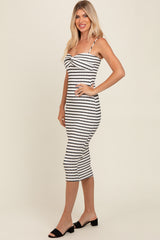 Black Striped Knit Fitted Midi Dress