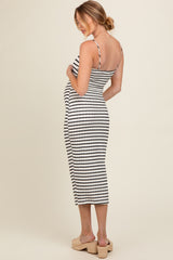 Black Striped Knit Fitted Maternity Midi Dress