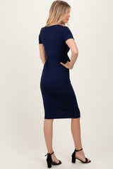 Navy Square Neck Belted Midi Dress