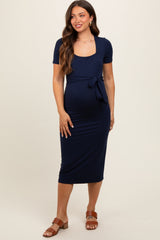 Navy Square Neck Belted Maternity Midi Dress