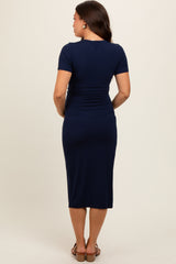 Navy Square Neck Belted Maternity Midi Dress