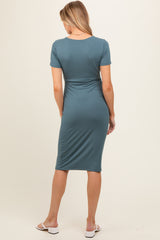 Blue Square Neck Belted Maternity Midi Dress