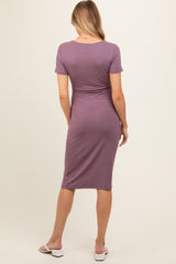 Purple Square Neck Belted Maternity Midi Dress