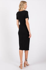 Black Square Neck Belted Midi Dress