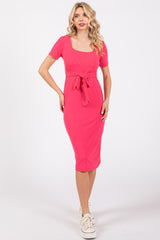 Coral Square Neck Belted Maternity Midi Dress