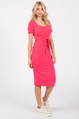 Coral Square Neck Belted Midi Dress