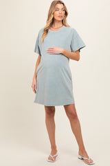 Light Blue Short Sleeve Side Pocket Maternity Dress