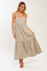 Taupe Square Neck Sleeveless Tiered Maxi Dress