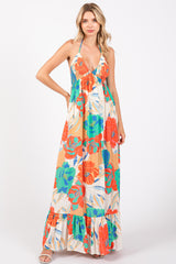 Cream Floral Smocked Halter Cutout Maternity Maxi Dress