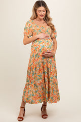 Peach Floral Smocked Tiered Maternity Midi Dress