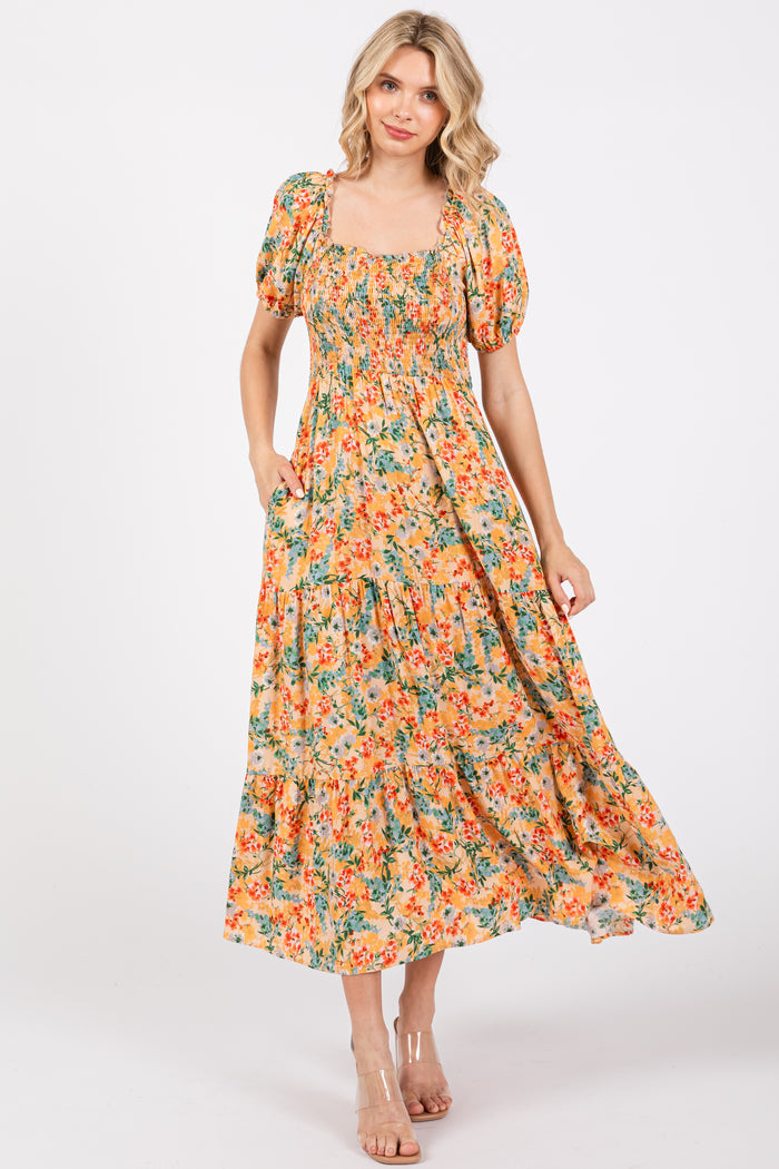 Peach Floral Smocked Tiered Midi Dress