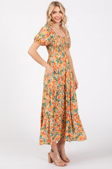 Peach Floral Smocked Tiered Midi Dress