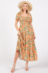 Peach Floral Smocked Tiered Maternity Midi Dress