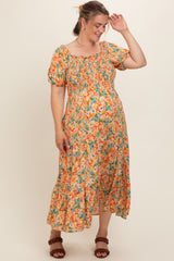 Peach Floral Smocked Tiered Maternity Plus Midi Dress