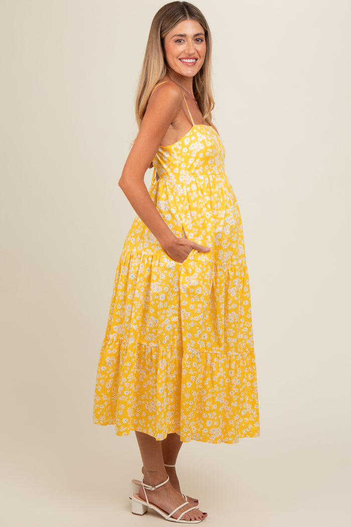 Yellow Floral Cutout Tie Back Maternity Midi Dress