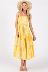 Yellow Floral Cutout Tie Back Midi Dress