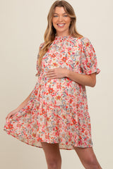 Red Floral Ruffle Accent Maternity Dress