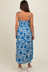 Blue Floral Crochet Accent Waist Tie Maternity Dress