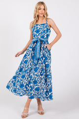 Blue Floral Crochet Accent Waist Tie Dress